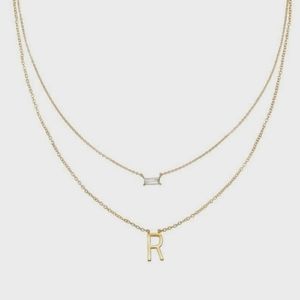 2-piece Necklace Set Gold Tone Initial Letter "R" and Rhinestone Baguette